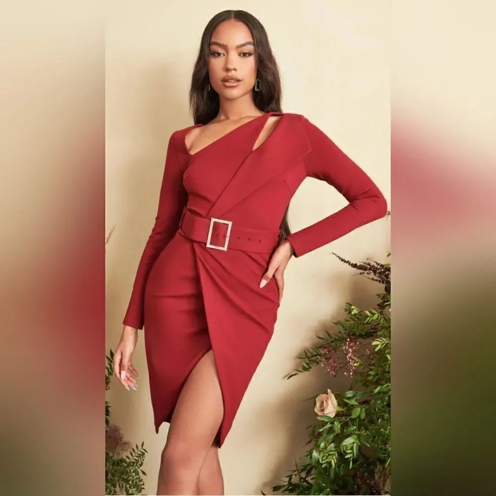 Lavish Alice RUBY Asymmetric Long Sleeve Ponte Midi Dress in Burgundy NWT size 2